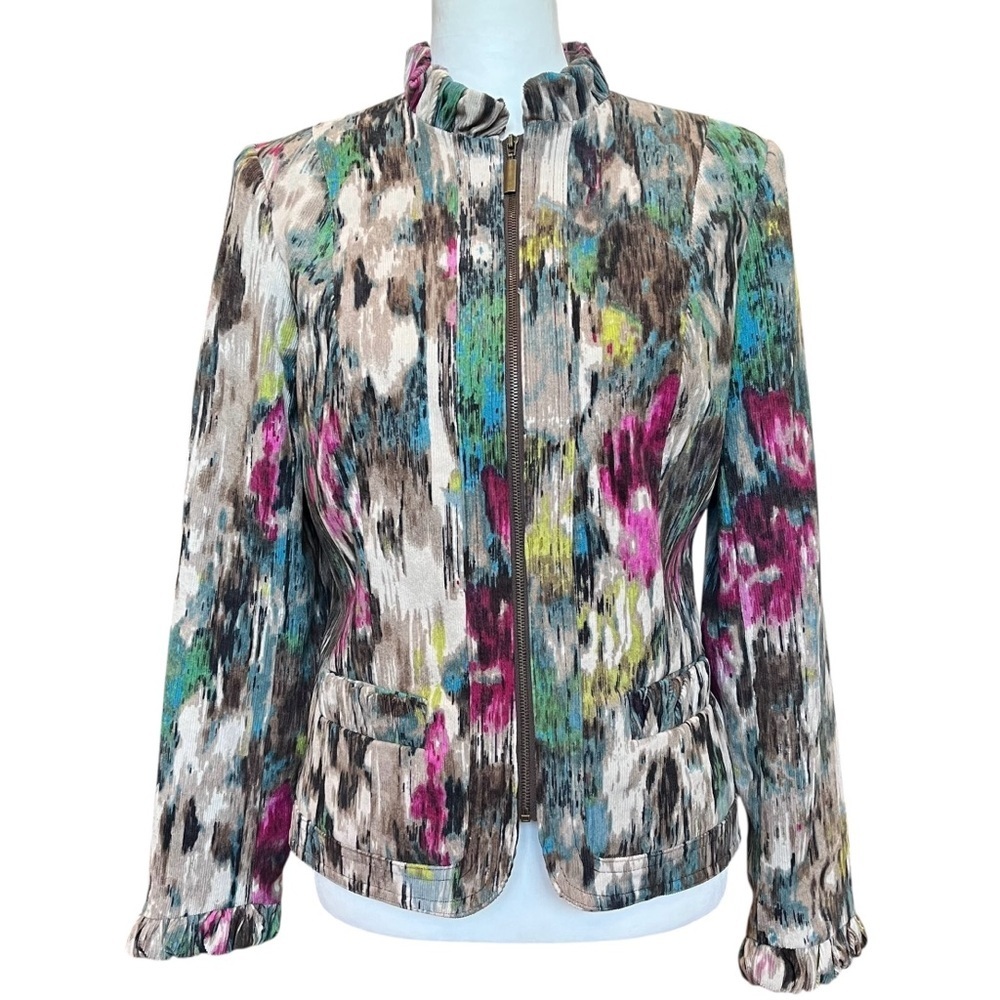 RQT Jacket Medium Petite Corduroy Tan Pink Floral Zip Front Ruffle Neck Pockets